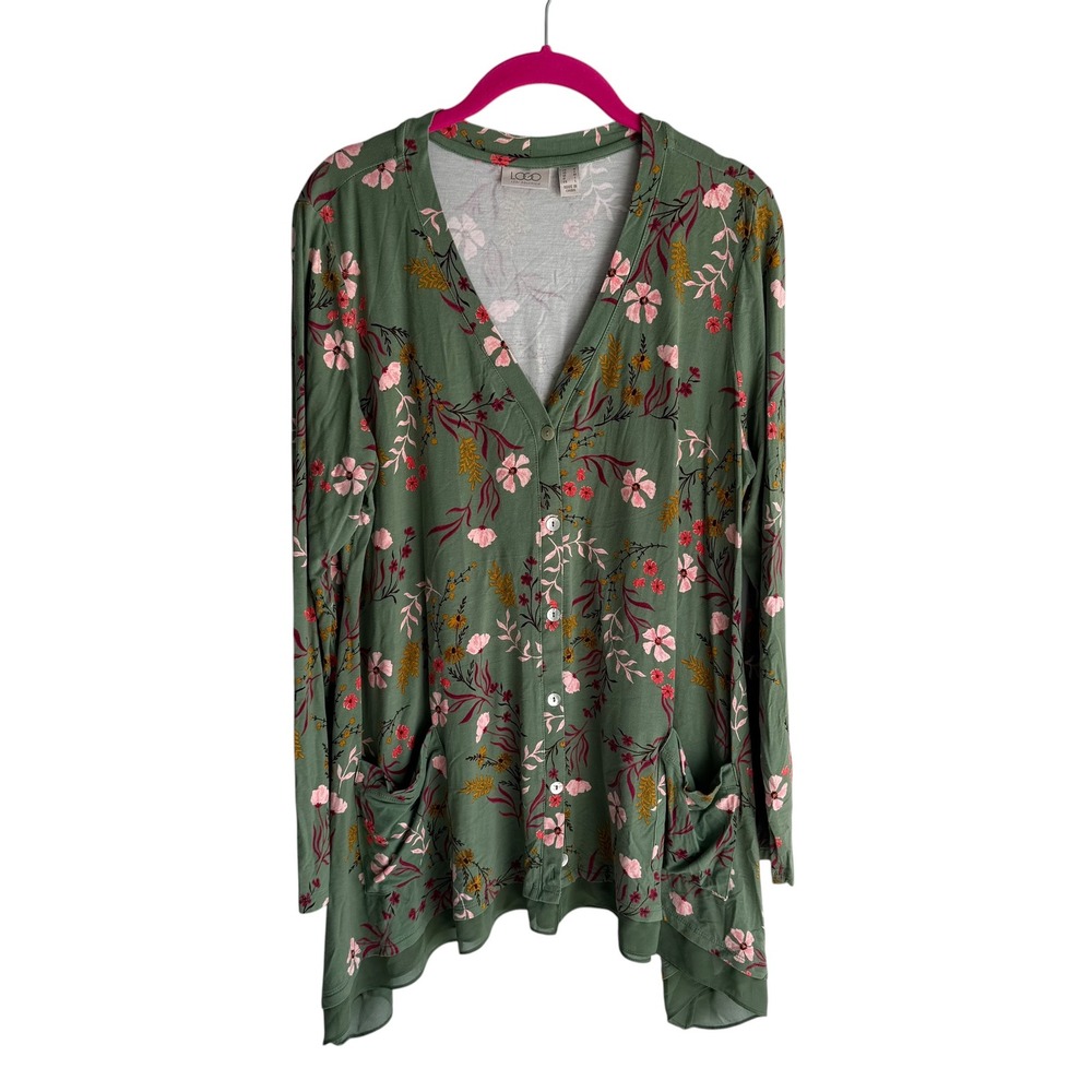 LOGO by LORI GOLDSTEIN Green Floral‎ Knit Button Asymmetrical Ladies Cardigan, M
